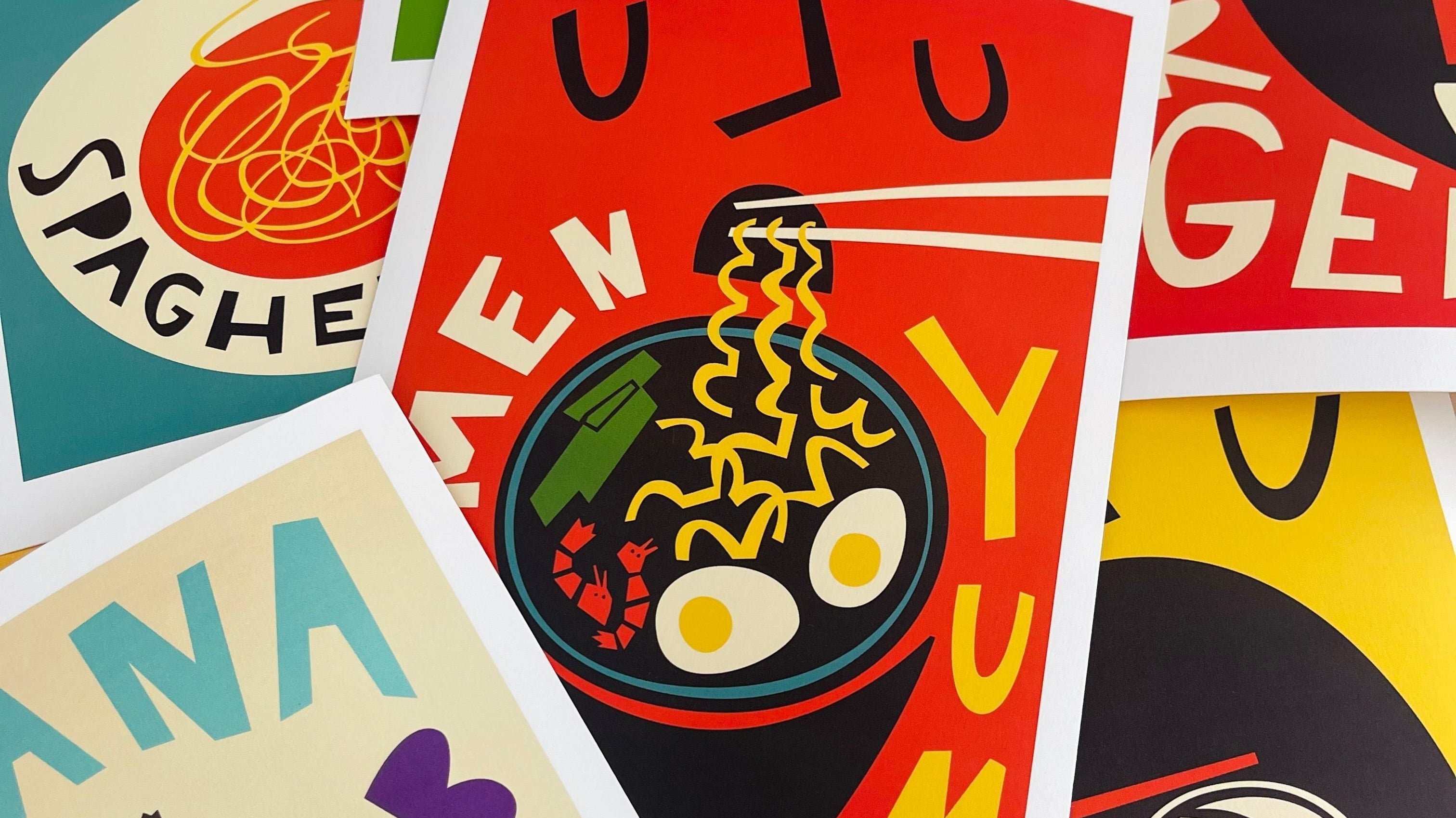 Flatlay of Fox & Velvet's colourful original food prints