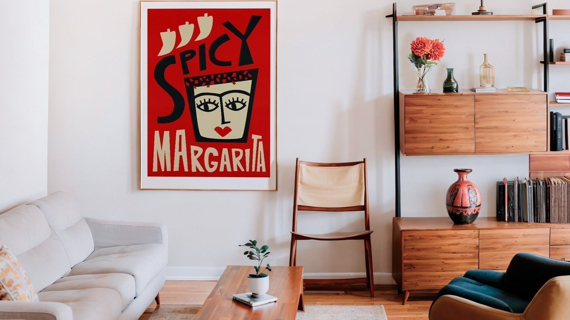 Bold mid century spicy margarita print by Fox and Velvet in a mid-century styled living room