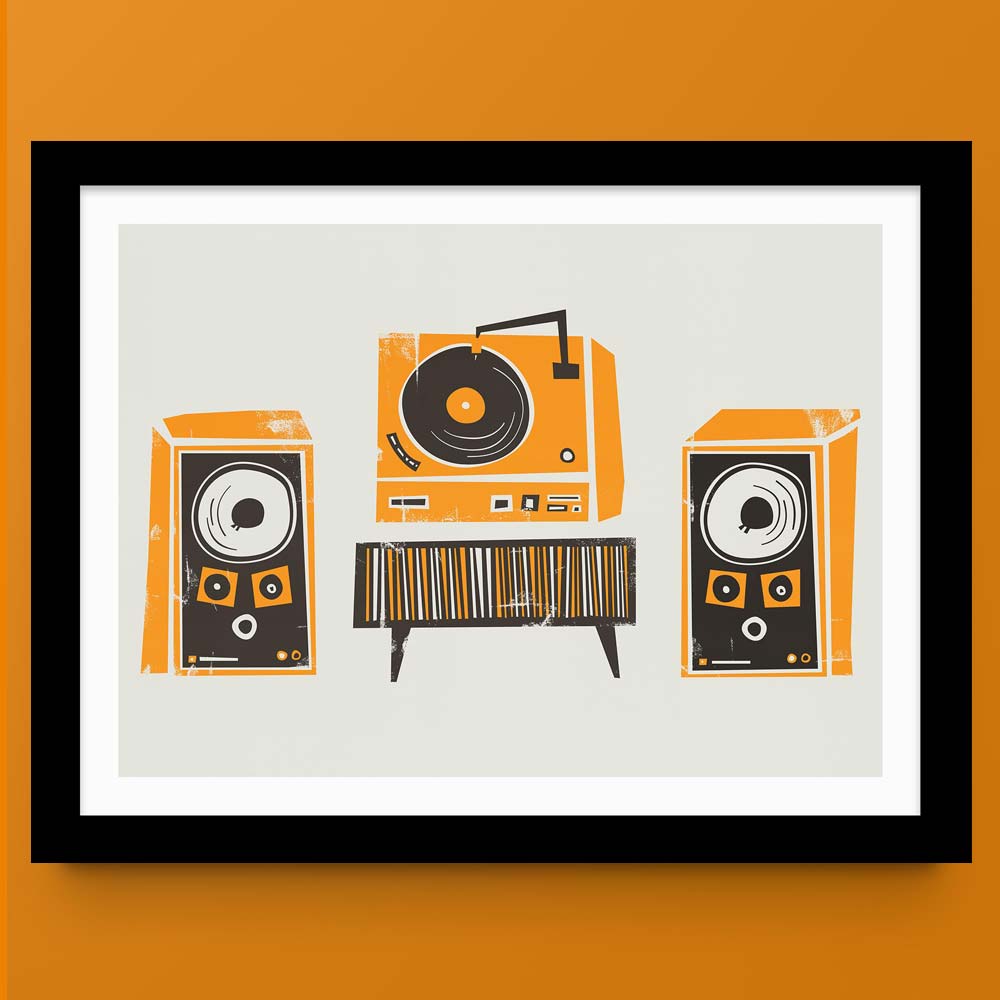 mid century illustration of a vinyl record deck and speakers in a black frame