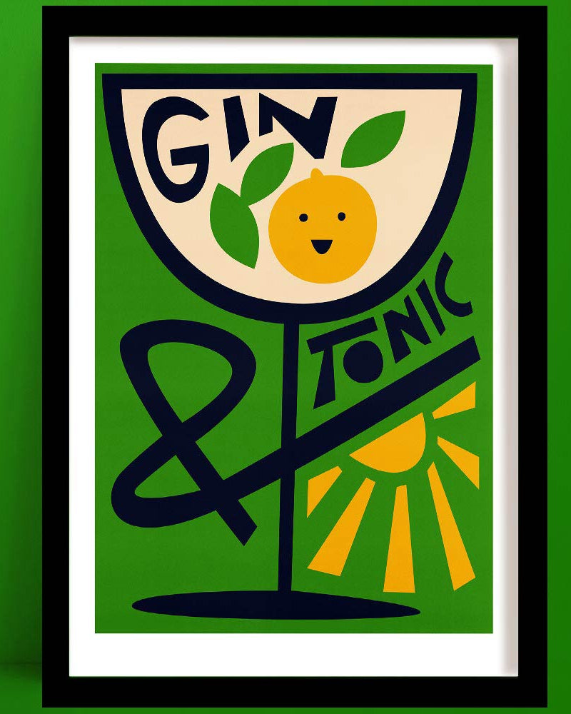 gin & tonic art print by Fox & velvet in a black frame