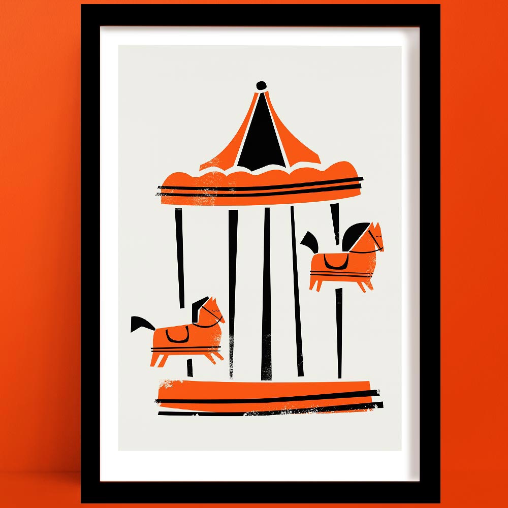 Mid-century style carousel horse print in orange and black, framed and set against orange wall