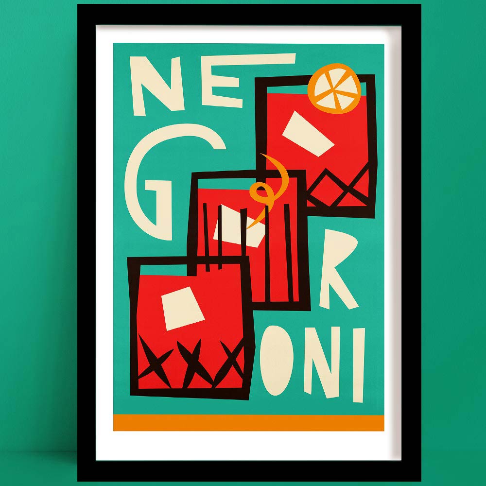 Graphic cocktail art print spelling out ‘Negroni’ in stacked red-orange tumblers with garnish details.