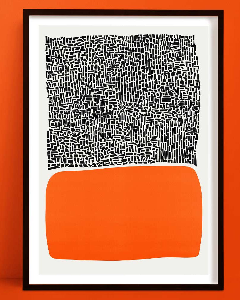 Abstract art print featuring a bold orange organic shape beneath a dense black-and-white grid texture, creating a modern yet earthy visual contrast.