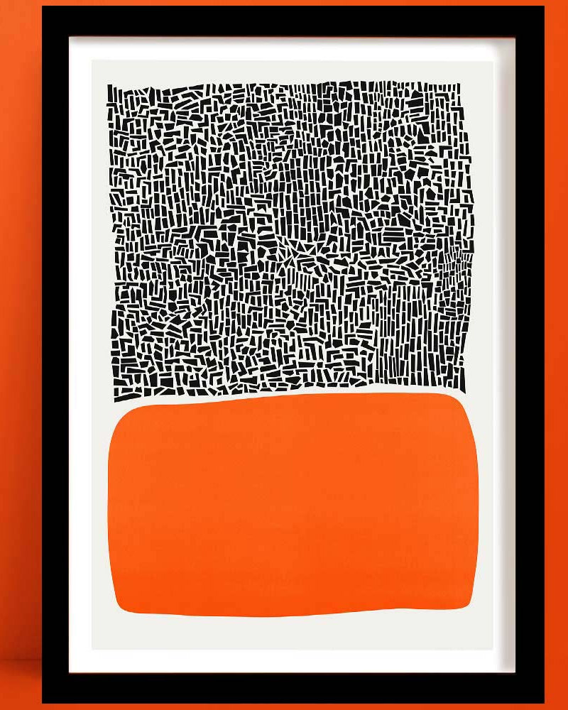 Abstract art print featuring a bold orange organic shape beneath a dense black-and-white grid texture, creating a modern yet earthy visual contrast.
