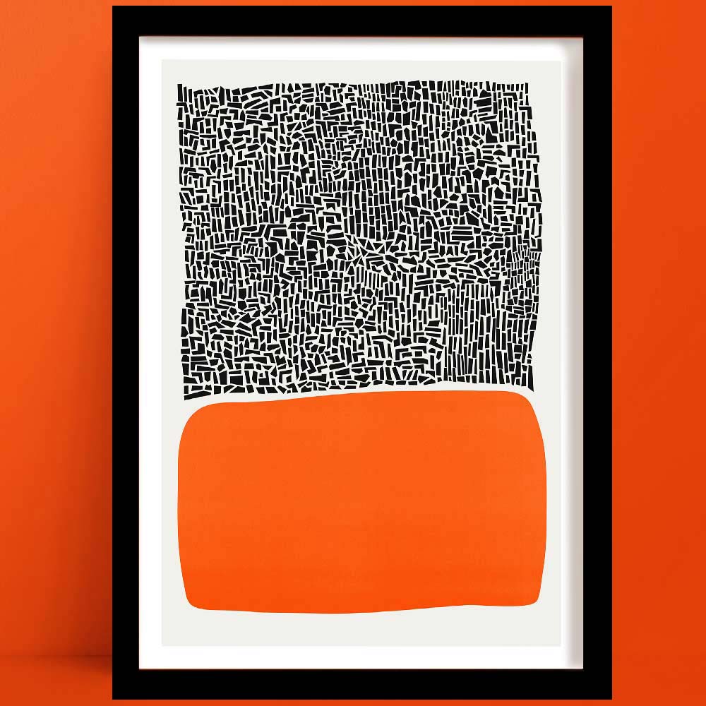 Abstract art print featuring a bold orange organic shape beneath a dense black-and-white grid texture, creating a modern yet earthy visual contrast.