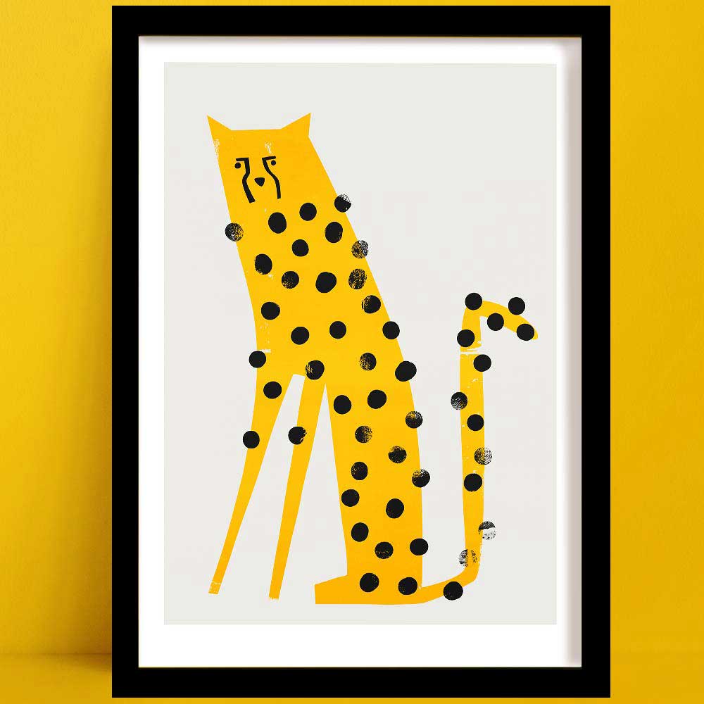 Playful illustration of a tall, slender yellow cheetah with bold black spots and an expression full of character, set against a clean white background.