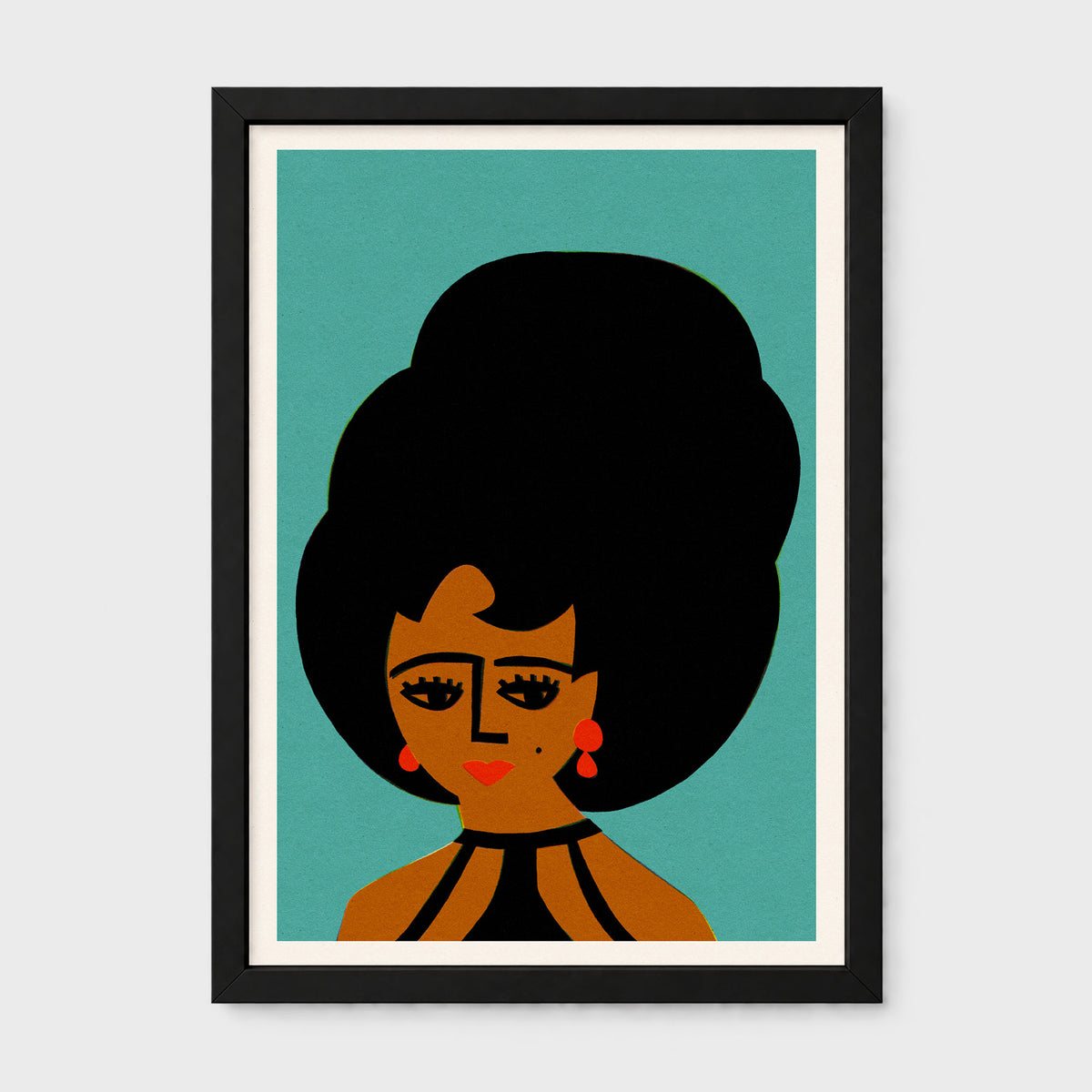 A framed art print featuring a stylized illustration of a woman with a large black afro hairstyle, brown skin, and red earrings against a teal background, set in a black frame with a white mat.