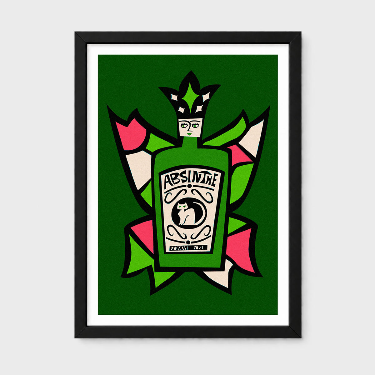 Stylized graphic illustration of a green Absinthe bottle with a cream label featuring a black cat, set against a green background with abstract pink, green, and cream shapes.