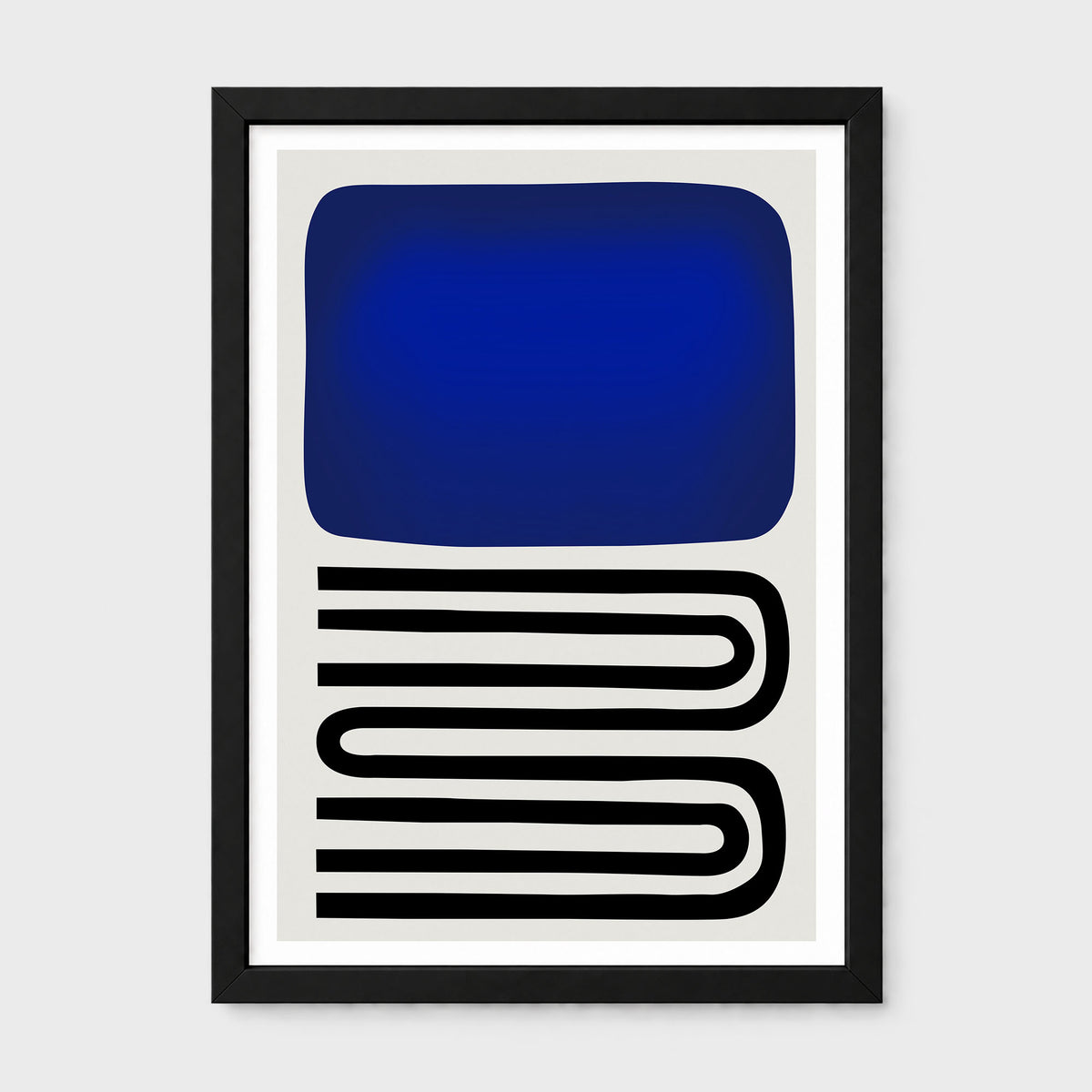 Framed abstract wall art print with a large dark blue rounded rectangle above thick black wavy lines on a light gray background, shown against a light gray wall.