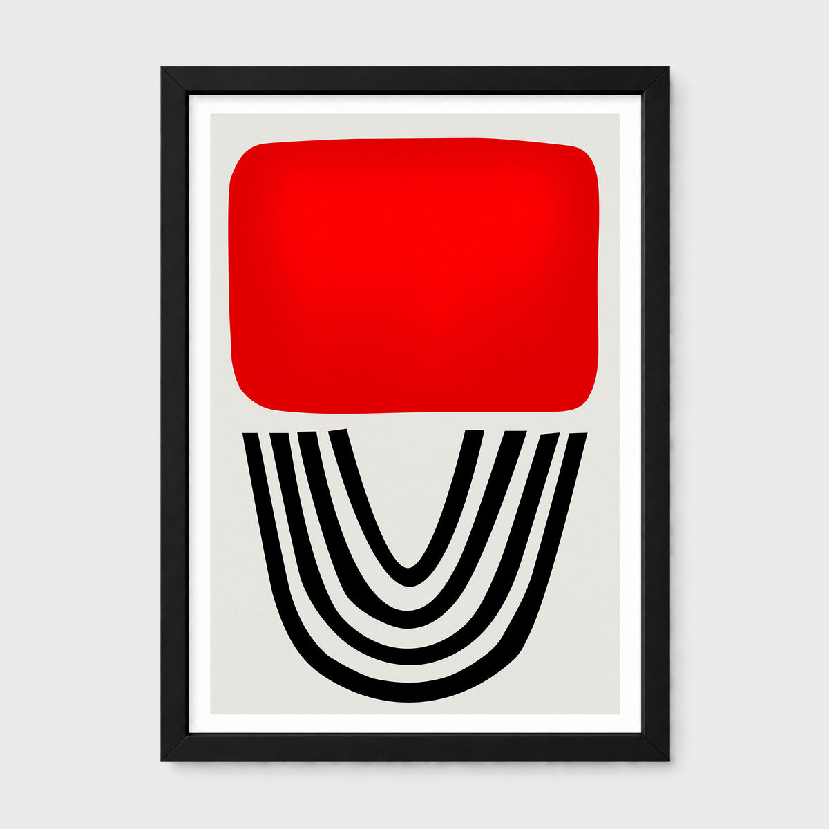 Framed abstract wall art featuring a bold red rounded rectangle above black curved lines on a light gray background, shown in a black frame with a white mat.