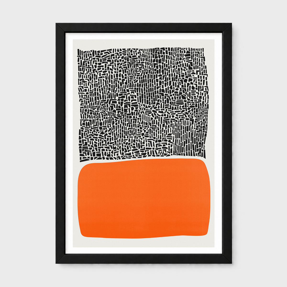 A framed abstract art print 'City Sunset' featuring a textured black and white patterned upper section and a solid orange lower section, presented in a black frame with a white mat against a light gray background.