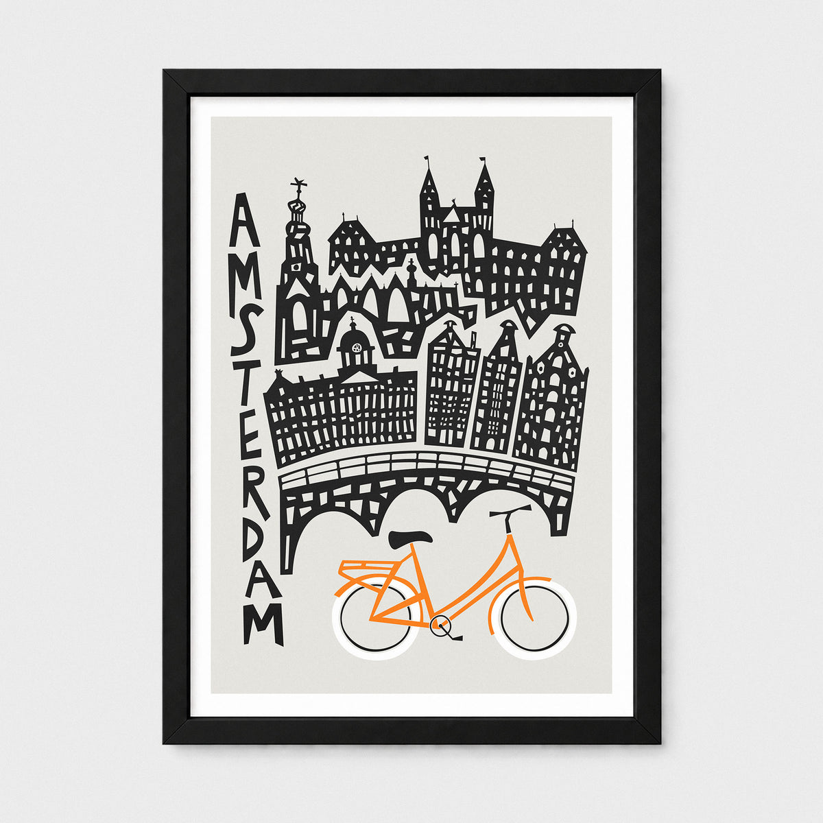 A framed art print featuring a stylized black-and-white illustration of Amsterdam landmarks above an orange Bike, shown against a light gray background.