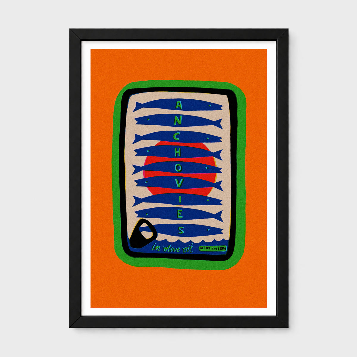 A framed art print featuring a stylized illustration of blue fish on a red sun over a beige background, set against a bright orange backdrop. The print is framed in black with a white mat, shown against a light gray background.