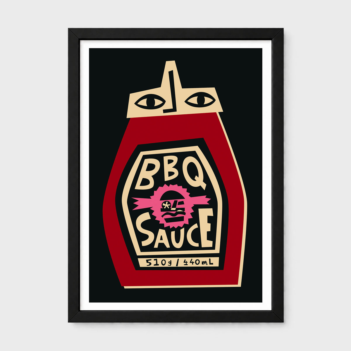 A framed art print featuring a stylized ketchup bottle illustration labeled 'BBQ Sauce' with a pink splash graphic, shown against a light gray background.