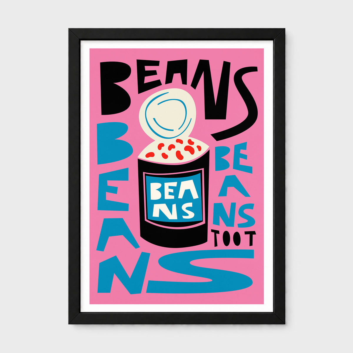 A framed art print featuring a bold graphic design with the word 'BEANS' repeated in large black and blue letters around a central illustration of a bean jar with red beans and a white bean on top, all on a pink background.