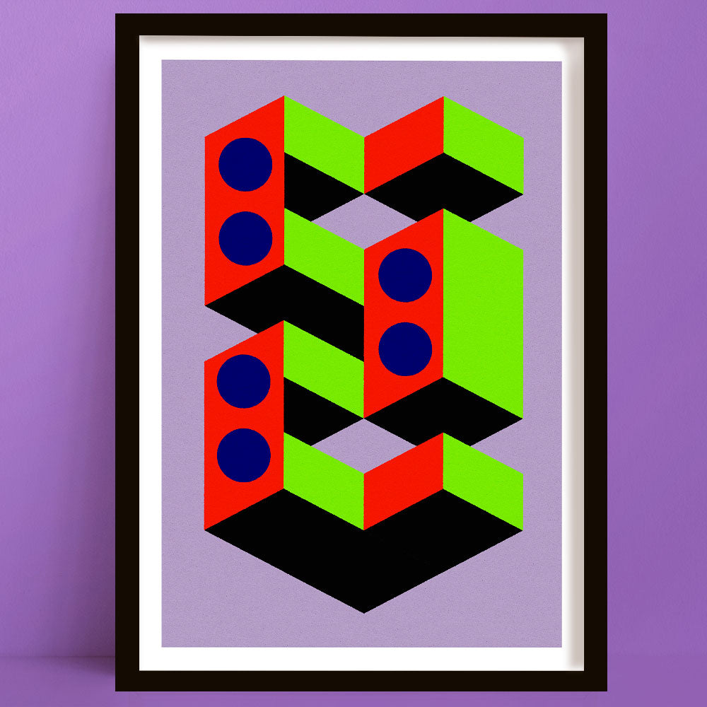 Geometric abstract art with colorful shapes on a purple background