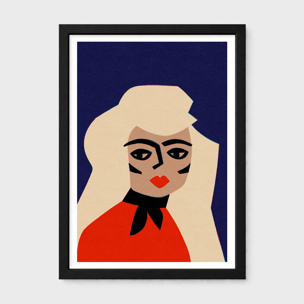 A framed minimalist art print featuring a stylized woman with blonde hair, a red top, and a black bow against a dark navy background, shown on a light gray wall.
