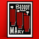 A Bloody Mary print featuring a bold, graphic illustration of three Bloody Mary glasses with vertical red stripes, each topped with cocktail garnishes including an olive, celery, and a cherry tomato.
