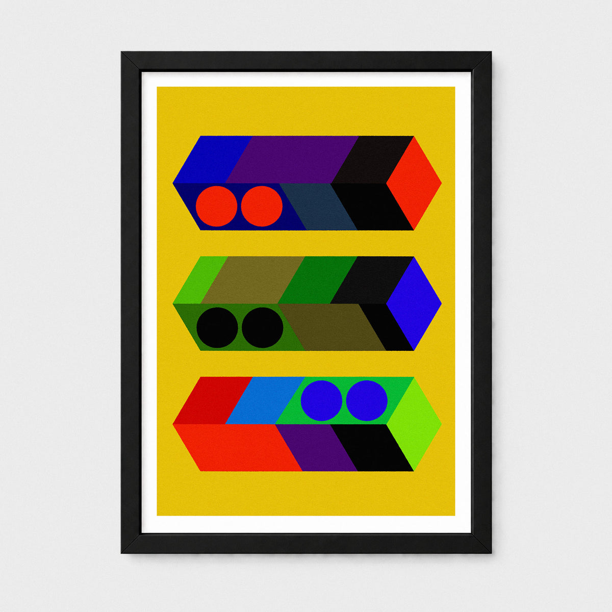 A framed abstract geometric art print featuring three horizontal rows of colorful 3D block shapes on a mustard yellow background, enclosed in a black frame with a white mat.