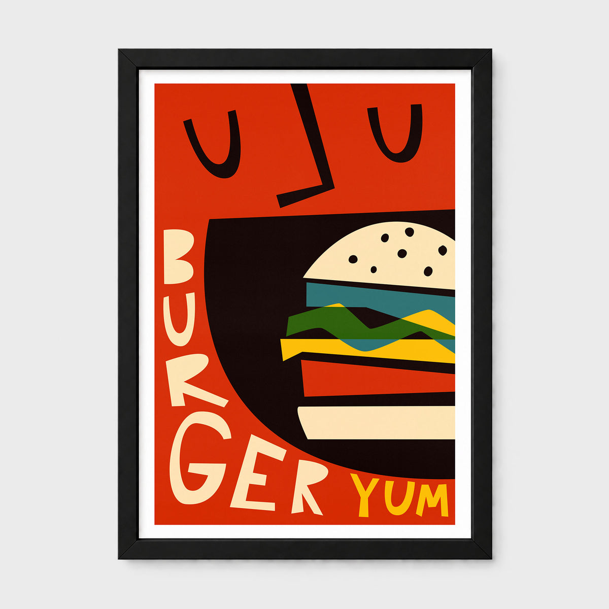 A framed retro-style poster print featuring a stylized burger illustration with the words 'BURGER YUM' on a light gray background.