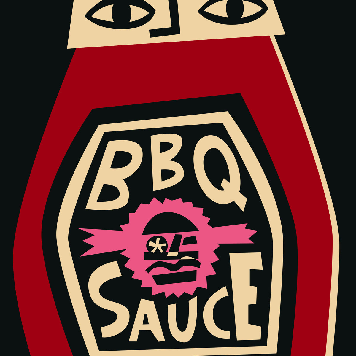 A stylized graphic of a ketchup bottle labeled 'BBQ SAUCE' on a black background. The bottle is red with cream lettering and a pink circular badge in the center.
