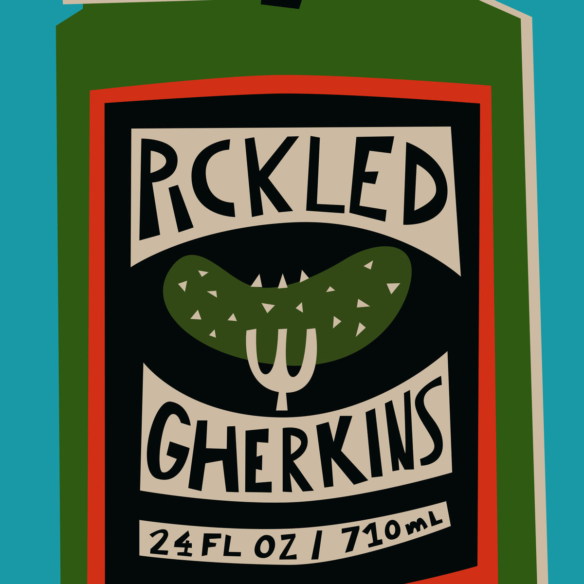 A stylized graphic label or package front for 'PICKLED GHERKINS' showing a green pickle with a fork through it, on a black background with cream and red border accents, against a turquoise backdrop.