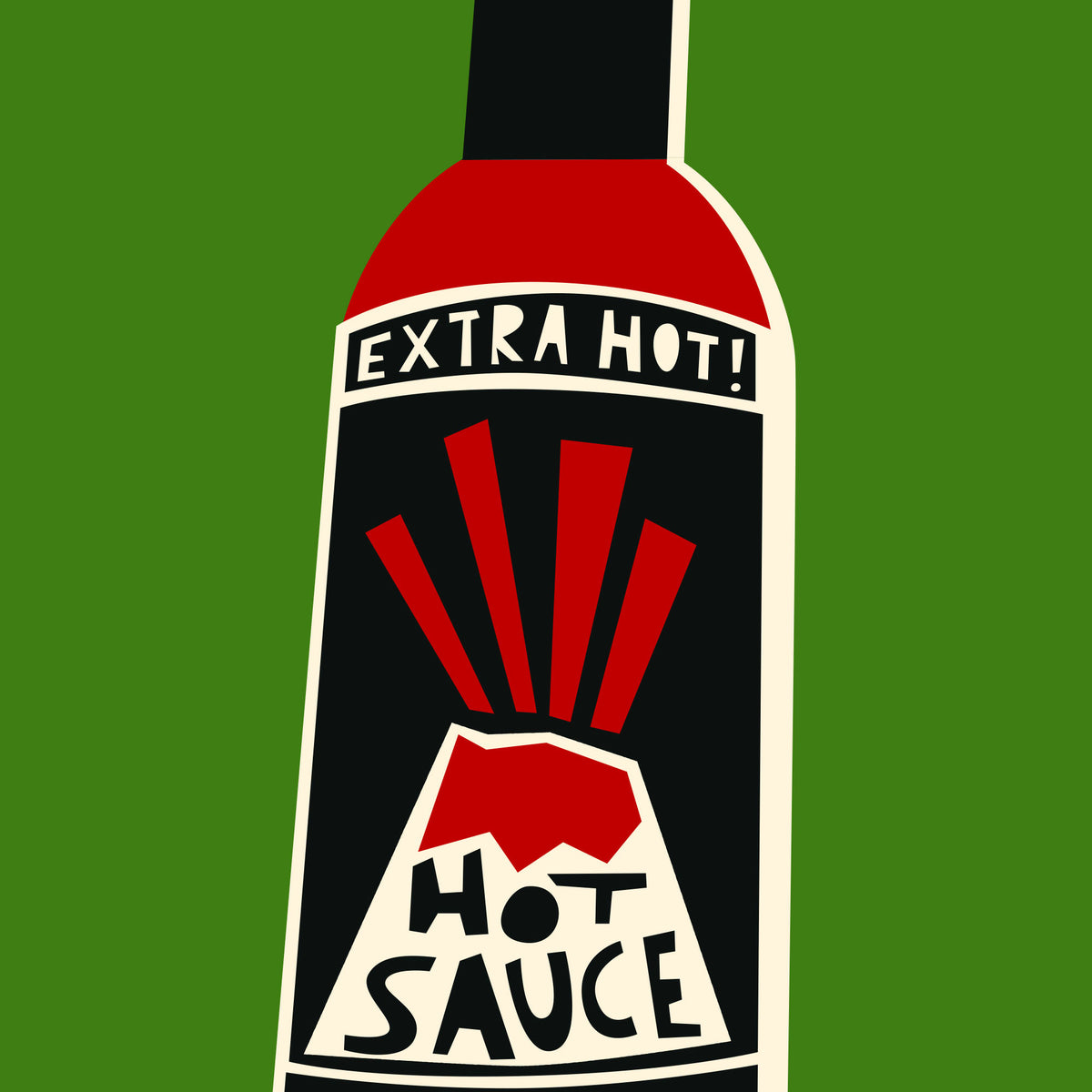 A stylized graphic of a hot sauce bottle on a solid green background. The bottle has a black body with a red neck and a cream-colored label that reads 'EXTRA HOT! HOT SAUCE' with red and cream graphic elements.