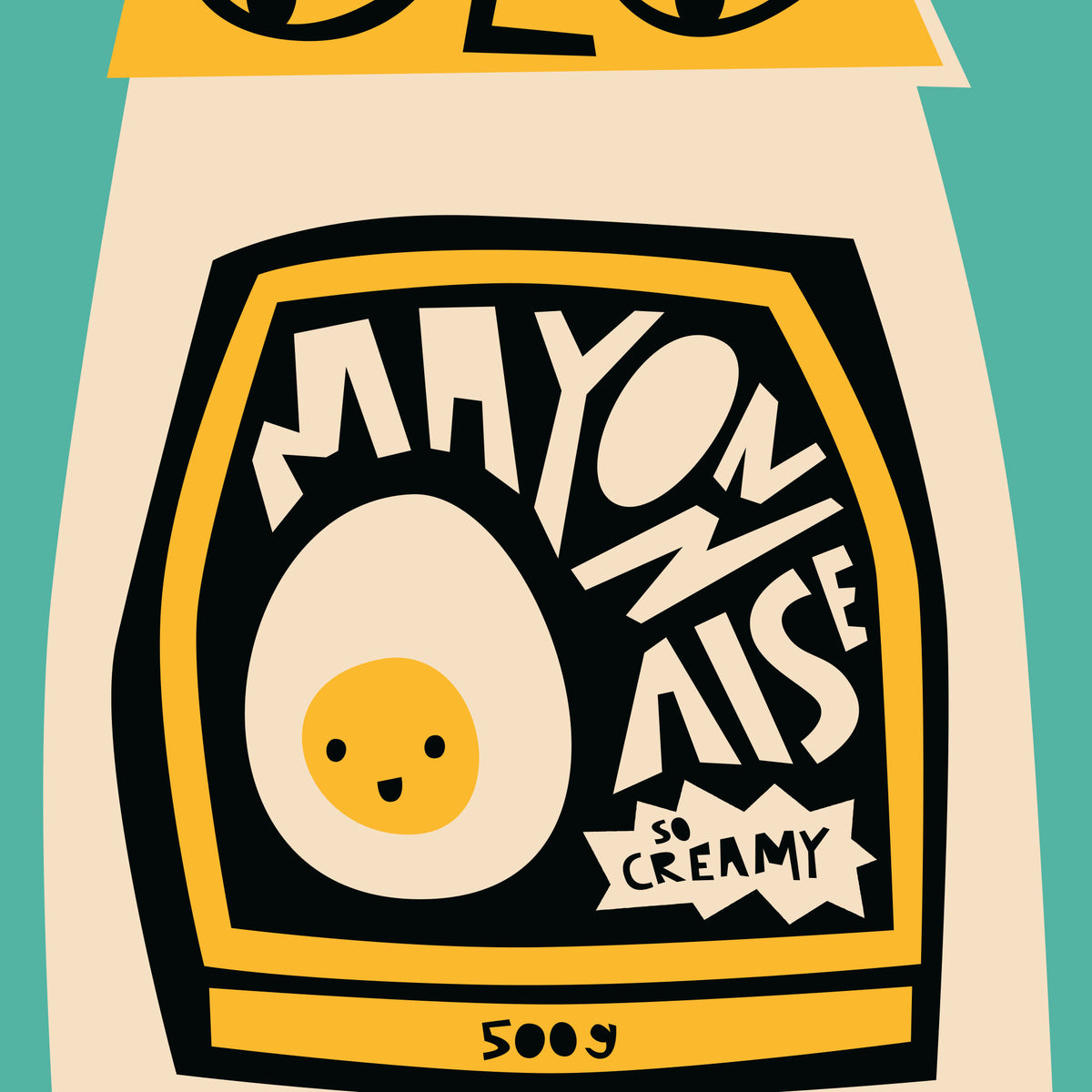 A stylized close-up of a mayonnaise bottle label with a cream-colored bottle, black and yellow graphic elements, and a cartoon egg illustration. The label reads 'MAYONNAISE SO CREAMY' and '500g'.