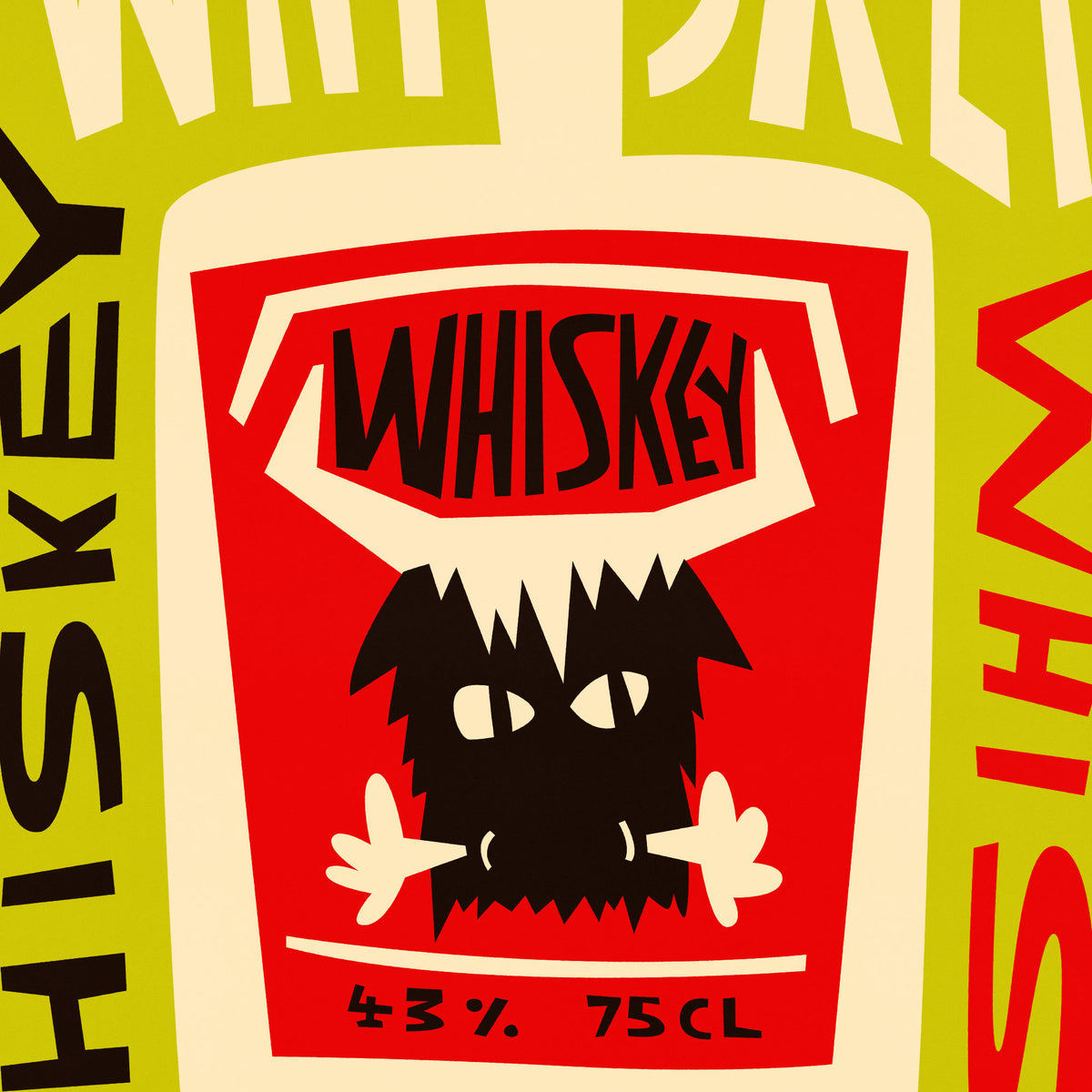 A stylized graphic print featuring a red and cream bottle label with the word 'WHISKEY' above a black cartoon monster face, surrounded by olive green and red text elements.
