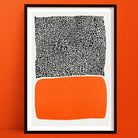 A City Sunset Abstract Art Print, featuring a bold orange organic shape beneath a dense black-and-white grid texture, creating a modern yet earthy visual contrast.