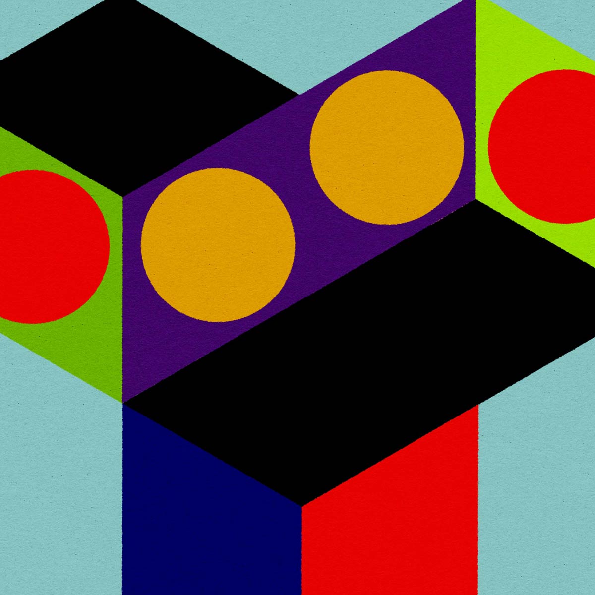 Abstract geometric artwork with bold color blocks and circles, including black, purple, blue, red, yellow, and green shapes on a light aqua background.