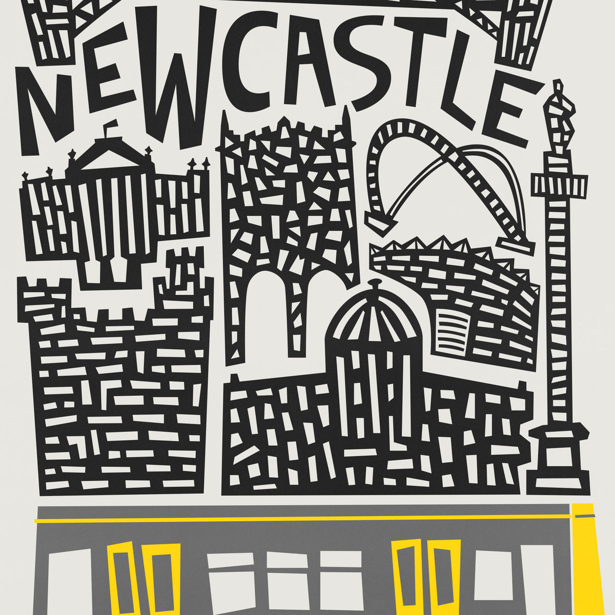 A stylized black-and-white graphic illustration of Newcastle cityscape elements, including the word "NEWCASTLE" at the top, buildings, and a yellow-and-gray bus along the bottom, on a light gray background.