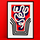 Cosmic Abstract Wall Art featuring bold lines, fluid white swirls, and a vibrant red and navy background.