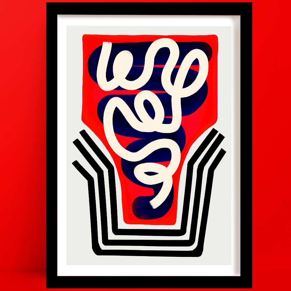 Cosmic Abstract Wall Art featuring bold lines, fluid white swirls, and a vibrant red and navy background.