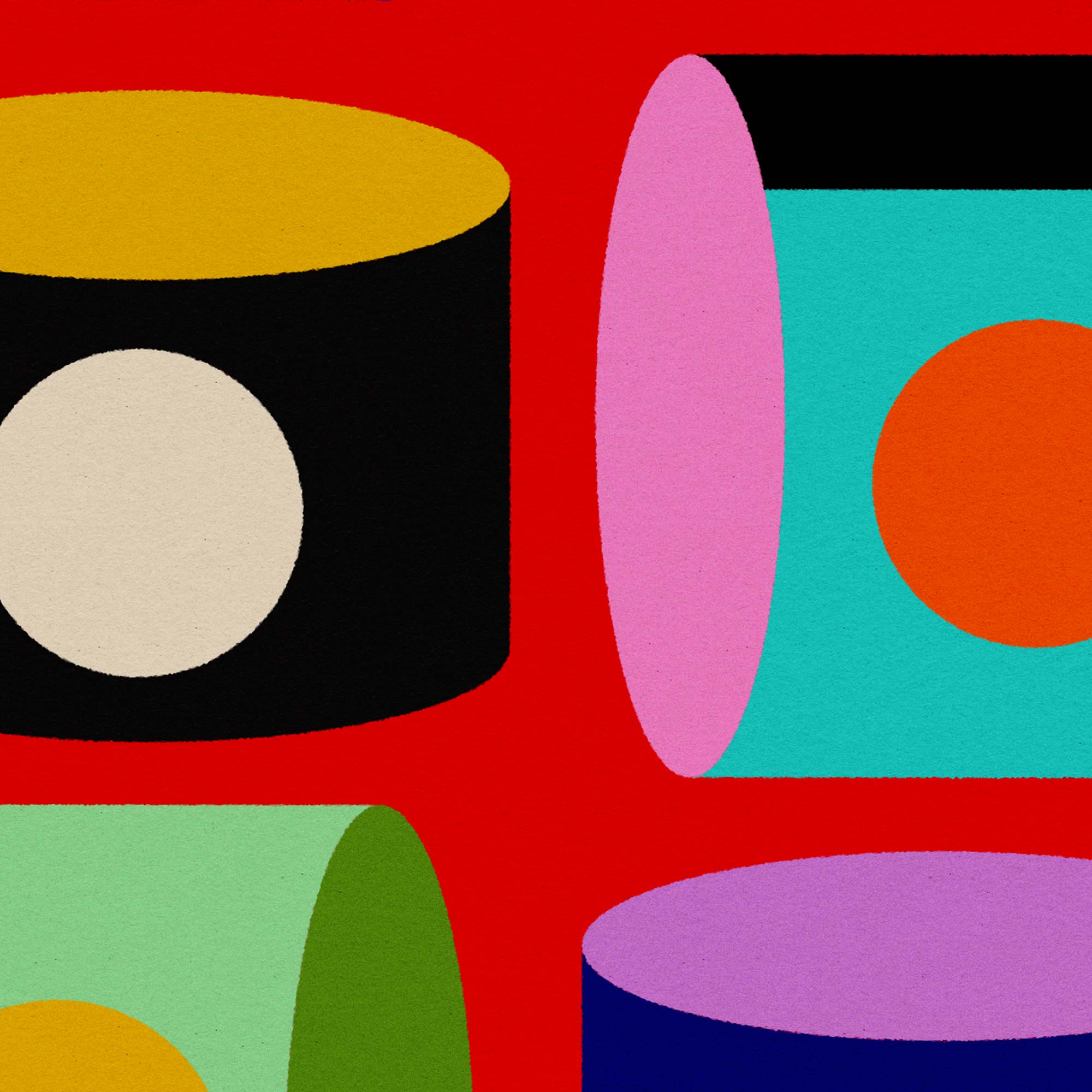 Abstract art with colorful geometric shapes on a red background