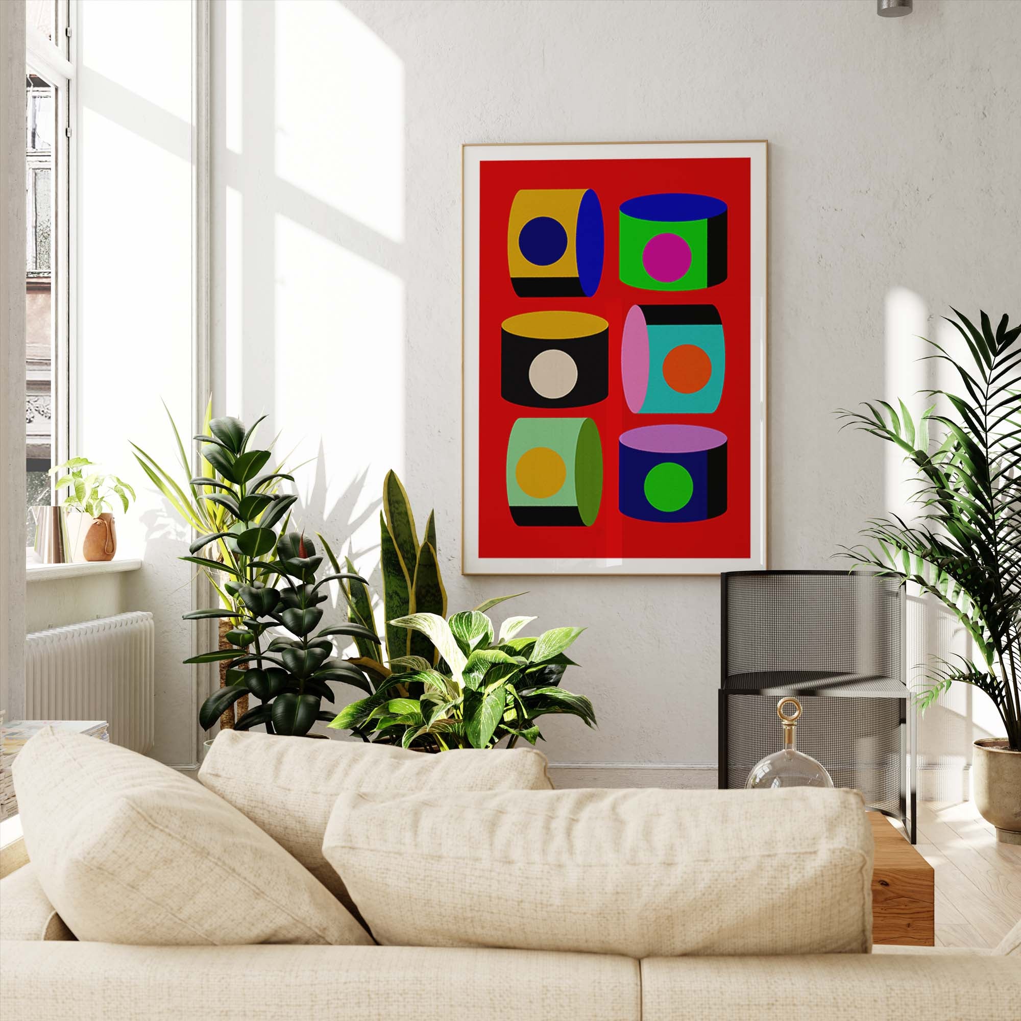Living room with a colorful abstract painting on the wall, plants, and a sofa.