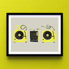 Framed DJ decks print with bright yellow turntables and mixer on a light grey background, displayed on a lime green wall
