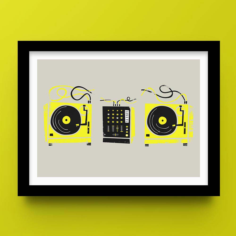 Framed DJ decks print with bright yellow turntables and mixer on a light grey background, displayed on a lime green wall