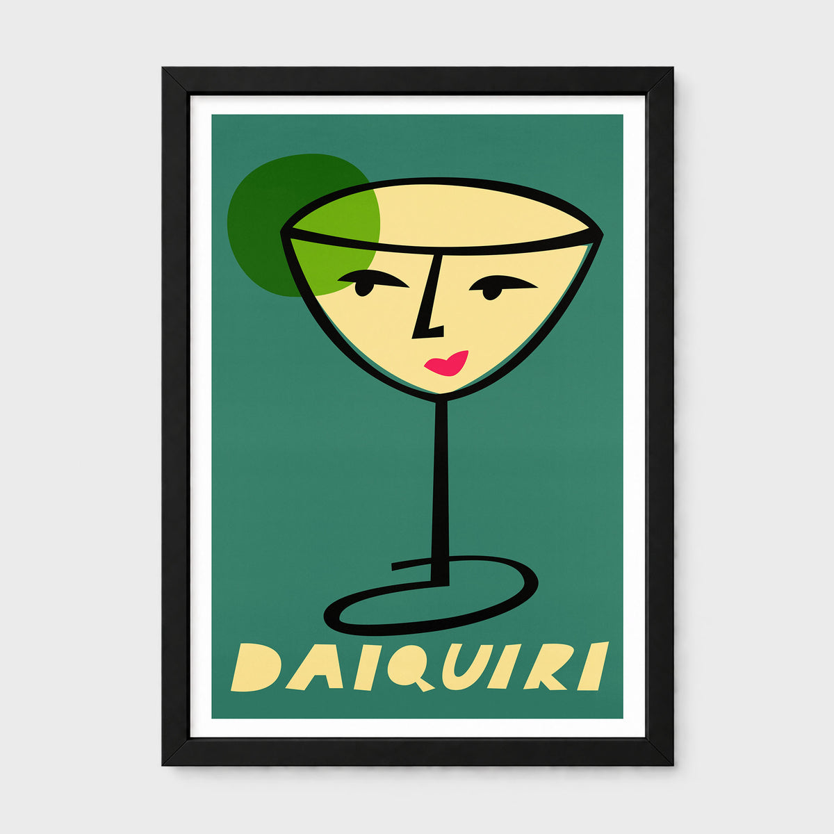 A framed travel-style poster featuring a stylized cocktail glass with the word 'DAIQUIRI' at the bottom, shown against a light gray background.