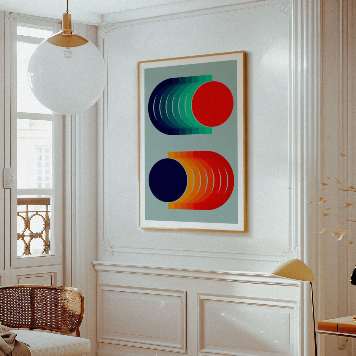 Disco Sunset is a vibrant abstract art print inspired by warm island evenings, with repeating circles and blue, purple, orange and yellow tones. Its playful rhythm brings movement and colour to living rooms, bedrooms, hallways, home offices and gallery walls.
