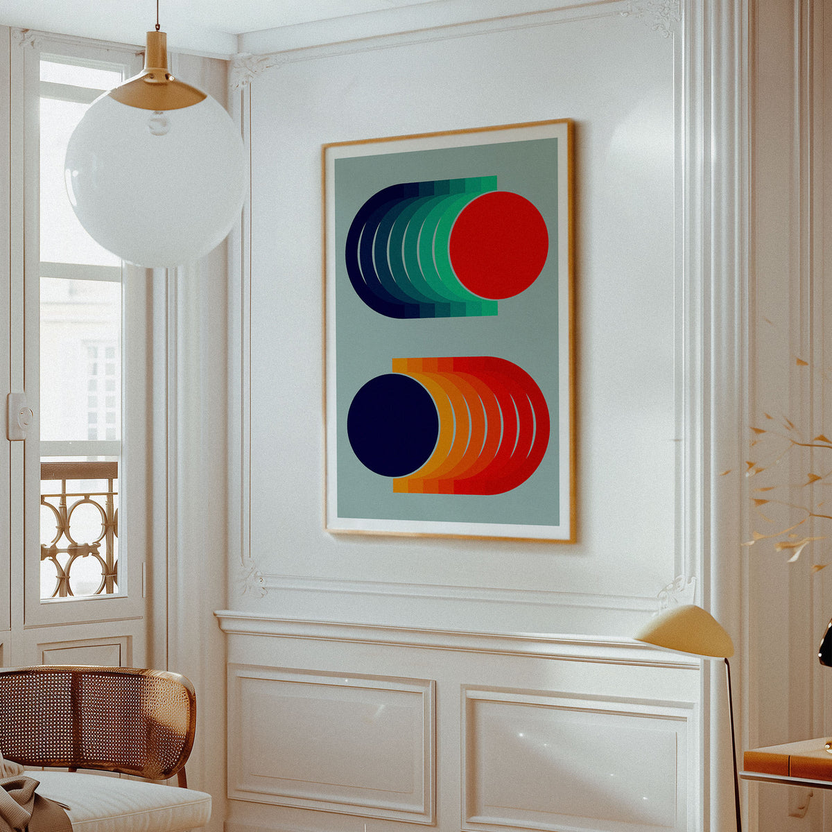 Disco Sunset is a vibrant abstract art print inspired by warm island evenings, with repeating circles and blue, purple, orange and yellow tones. Its playful rhythm brings movement and colour to living rooms, bedrooms, hallways, home offices and gallery walls.