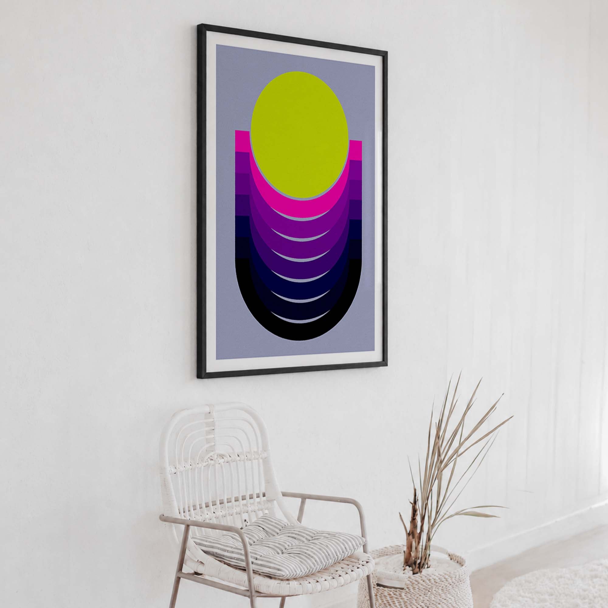 Modern white room with white chair and disco sunset abstract art print by fox and velvet on the wall