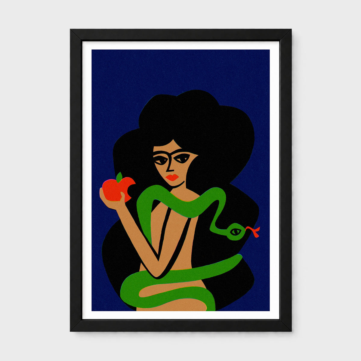 A framed art print featuring a stylized illustration of a woman with dark hair wrapped in a green snake, holding a red apple, set against a dark blue background.