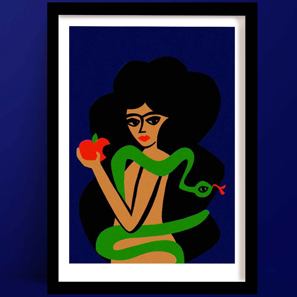 An Eve portrait print with a Striking Eve and the Serpent, woman holding an apple with green snake, on deep blue background