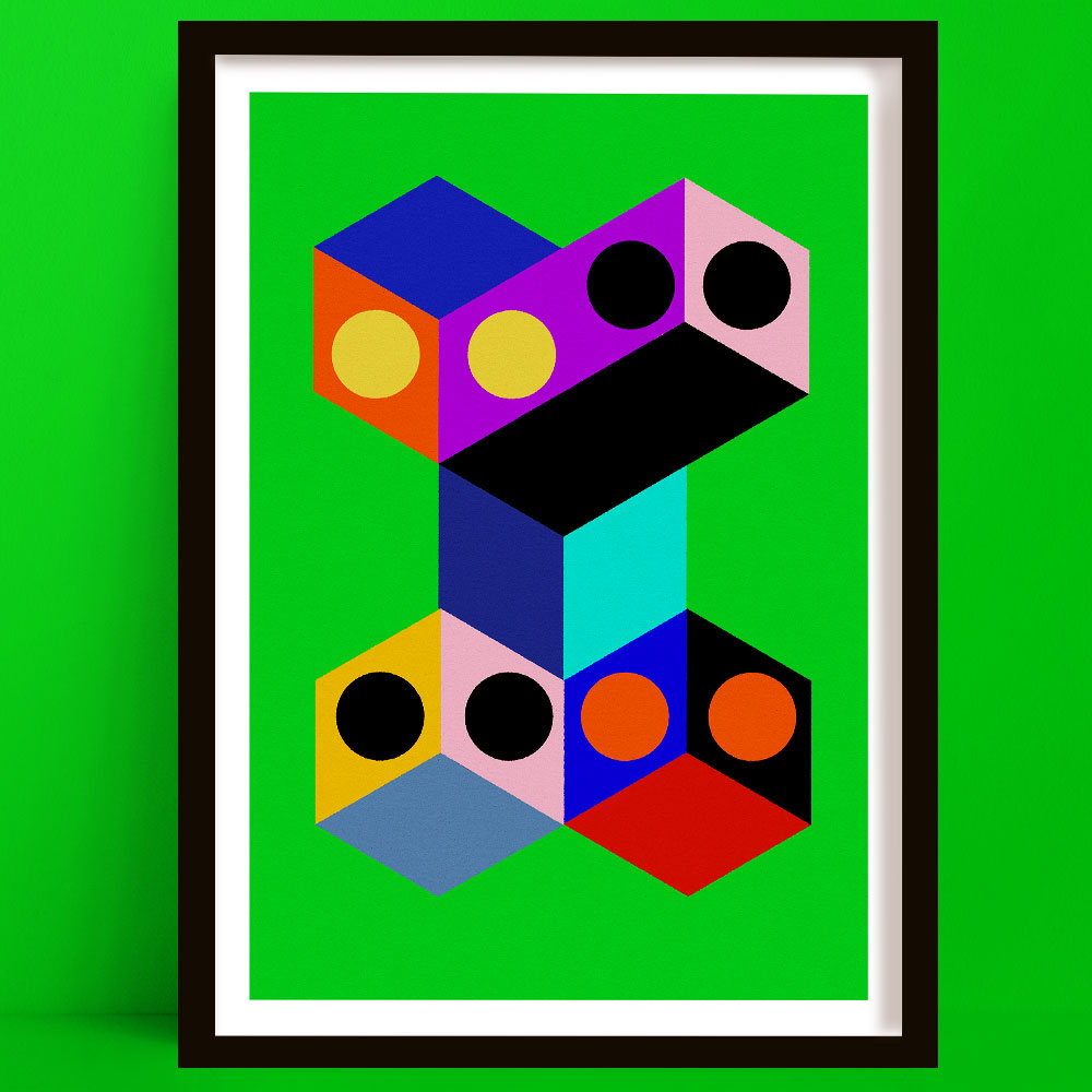 Geometric abstract design with colorful shapes on a green background