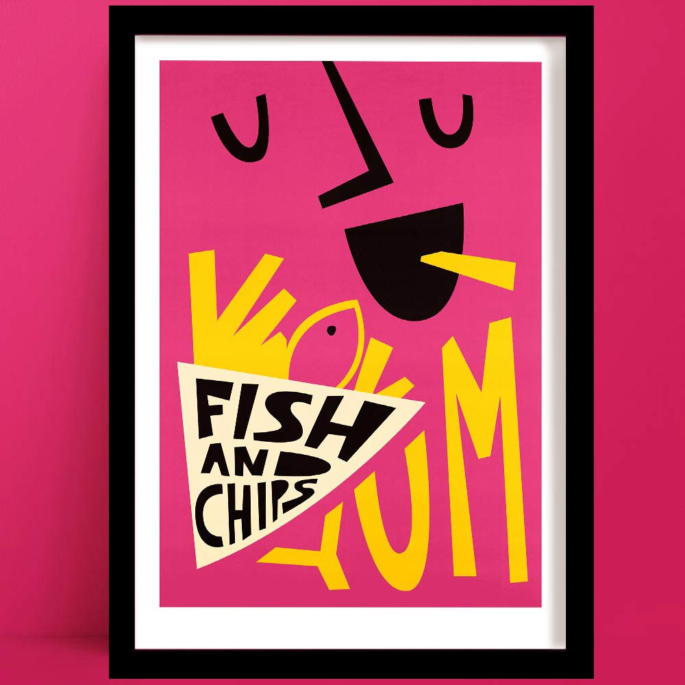 A Fish & Chips Print in a Bold pink style, with an abstract face and playful text reading ‘Fish and Chips Yum’ in pop art layout.