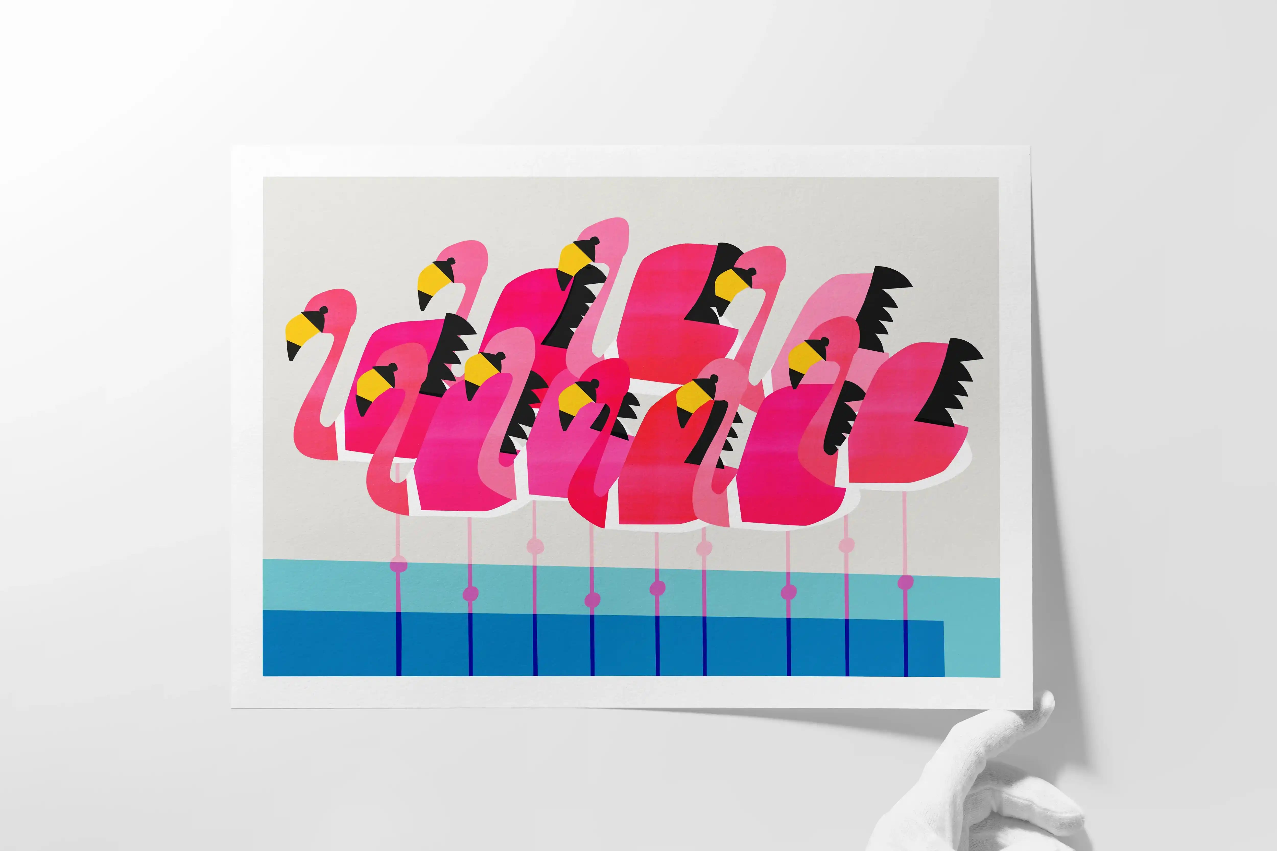 Flamingos illustration print on archival paper with gloved hand holding it up