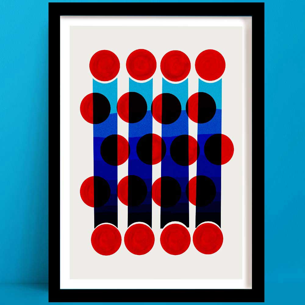 A Flicker Abstract Wall Art piece featuring columns of layered red, black, and deep blue circles stacked against narrow vertical blue bands, creating rhythmic depth.