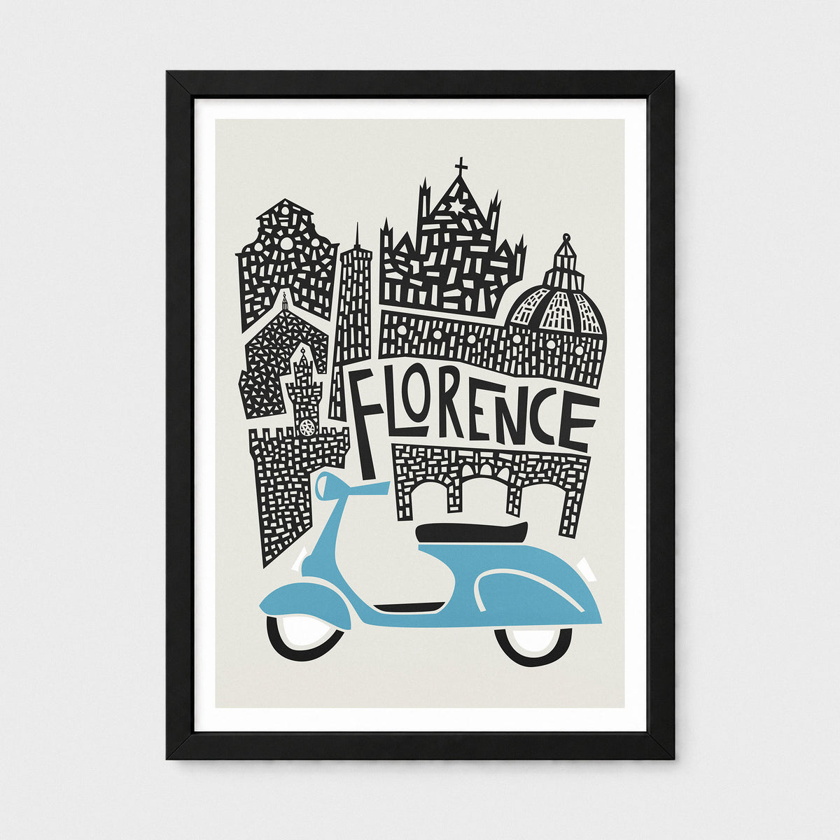 Framed art print featuring a stylized black-and-white illustration of Florence buildings with a light blue scooter in front, shown against a light gray background.