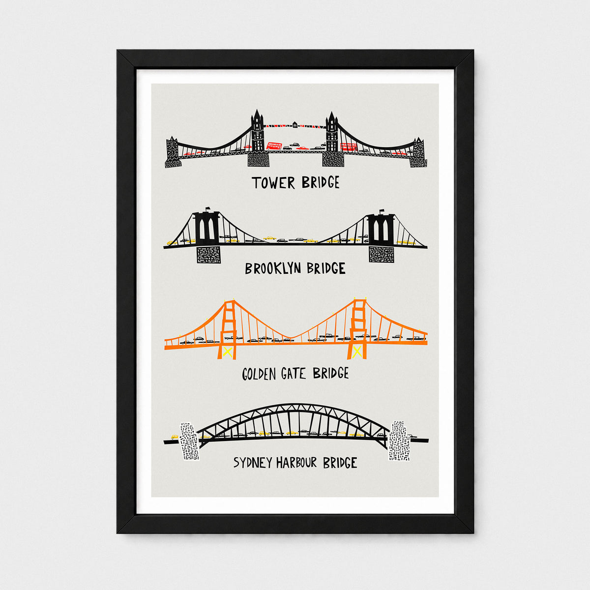 A framed art print featuring stylized illustrations of four bridges: Tower Bridge, Brooklyn Bridge, Golden Gate Bridge, and Sydney Harbour Bridge, each labeled underneath. The print has a light beige background with black, gray, and orange bridge drawings, surrounded by a white mat and a black frame.